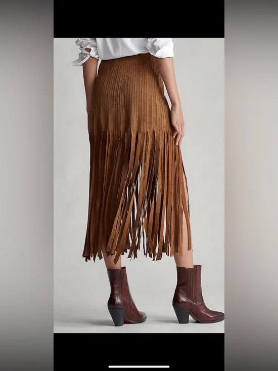 Polo Ralph Lauren 4 Brown Western Fringed Suede Midi Skirt - Picture 2 of 8